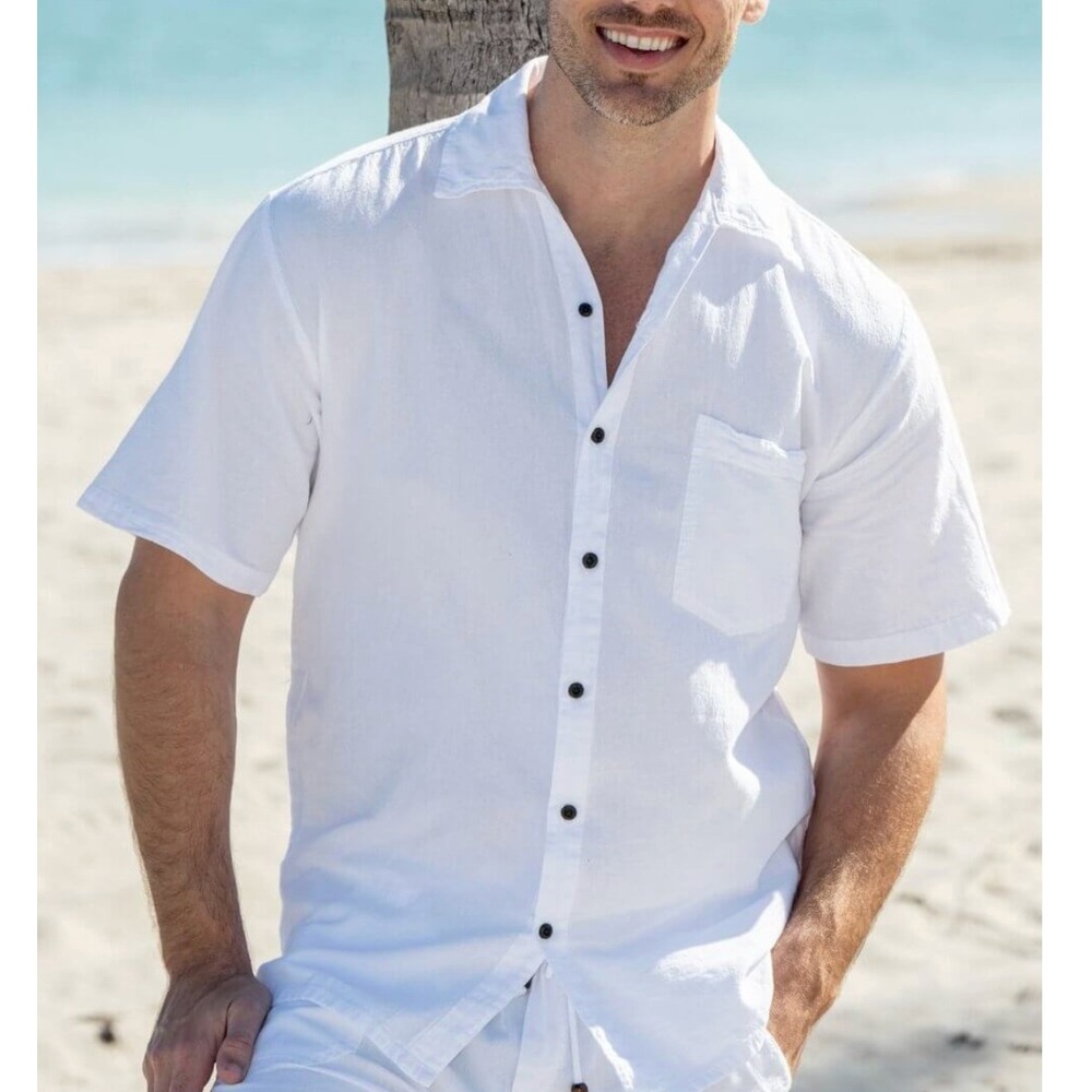 Cotton Natural Mens XXL White Short Sleeve Button Down Shirt 100% Cotton Gauze